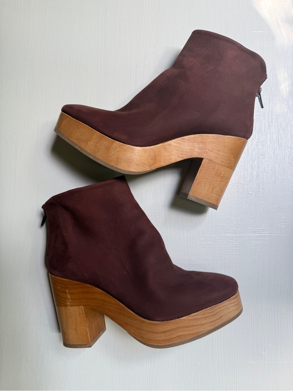 COCLICO VIDA Clog Ankle Boots Womens 36/ 6 Plum Suede Wood Sole Heels Zipper